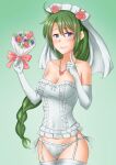  1girl alternate_costume anti_(untea9) blue_eyes bouquet braid bridal_veil commentary_request commission corset cowboy_shot elbow_gloves flower garter_belt garter_straps gloves gradient gradient_background green_background green_hair heart_lock_(kantai_collection) highres kantai_collection long_hair looking_at_viewer mole mole_under_mouth panties side-tie_panties single_braid solo twitter_username underwear underwear_only veil very_long_hair white_corset white_gloves white_panties yuugumo_(kancolle) 