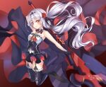  1girl axe bangs bare_shoulders black_gloves black_legwear cross_(weapon) flower full_body gloves hair_between_eyes hair_flower hair_ornament holding holding_axe holding_weapon honkai_(series) honkai_impact_3rd legs_up long_hair looking_at_viewer pinocchio_(dlekrkdwlt) red_eyes red_flower red_rose rose solo theresa_apocalypse theresa_apocalypse_(luna_kindred) thighhighs twintails weapon white_hair 