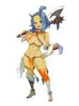  1girl areolae asymmetrical_legwear axe bandaged_arm bandages blue_eyes blue_hair breasts carrying_over_shoulder chain dairoku_youhei forehead full_body gloves groin holding holding_axe horns large_breasts medium_hair mismatched_legwear navel no_bangs official_art oni oni_horns open_mouth pelvic_curtain photoshop_(medium) ryoji_(nomura_ryouji) shiny shiny_skin single_glove solo standing thighlet transparent_background 