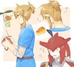  2boys apple apple_pie blonde_hair blue_shirt blush colored_skin drooling earrings feather_hair_ornament feathers food from_side fruit hair_ornament highres holding holding_food holding_knife jewelry knife korok layered_sleeves link long_hair long_sleeves multiple_boys multiple_views musical_note pointy_ears red_apple red_hair red_skin shirt short_over_long_sleeves short_ponytail short_sleeves sidon smile the_legend_of_zelda the_legend_of_zelda:_breath_of_the_wild translation_request ttanuu. 
