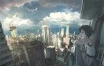 1girl air_conditioner aircraft airplane balcony black_hair black_shorts brown_eyes building cityscape cloud cloudy_sky dolphin_shorts fan hand_on_own_face highres leaning_forward original railing scenery short_hair shorts sky solo standing tank_top tokunaga_akimasa white_tank_top 
