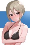  1girl arm_under_breasts bangs bare_arms bare_shoulders bikini black_bikini black_eyes blue_background blush breasts cleavage closed_mouth collarbone commentary_request earrings eyebrows_visible_through_hair grey_hair hair_between_eyes halter_top halterneck hand_on_own_arm idolmaster idolmaster_cinderella_girls jewelry looking_at_viewer medium_breasts nose_blush o-ring o-ring_top shiny shiny_hair shiomi_shuuko short_hair sidelocks smile solo string_bikini swimsuit tomajiyama two-tone_background upper_body white_background 