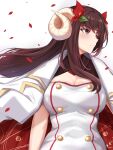  1girl azur_lane breasts brown_eyes brown_hair buttons cleavage coat coat_on_shoulders curled_horns double-breasted highres horns jacket large_breasts long_hair looking_to_the_side open_clothes open_coat petals setokun simple_background solo suruga_(azur_lane) upper_body white_background white_coat white_jacket 