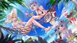  5girls amber_(genshin_impact) barefoot beach bikini_top_removed blonde_hair blue_sky brown_hair chinese_commentary cloud commentary_request crab day dutch_angle fischl_(genshin_impact) flower genshin_impact hammock hat highres long_hair lumine_(genshin_impact) multiple_girls noelle_(genshin_impact) outdoors paimon_(genshin_impact) palm_tree partial_commentary silver_hair sky sun_hat swordsouls topless tray tree 