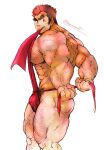 1boy abs arm_hair bara brown_hair bulge chest_hair dark-skinned_male dark_skin facial_hair feet_out_of_frame forked_eyebrows fundoshi fundoshi_pull goatee japanese_clothes kengo_(tokyo_houkago_summoners) large_pectorals leg_hair long_sideburns male_focus male_pubic_hair mature_male muscular muscular_male nipples pectorals pubic_hair red_male_underwear short_hair sideburns solo stomach stubble tatsumonji_yukara thick_eyebrows thick_thighs thighs tokyo_houkago_summoners underwear underwear_only 
