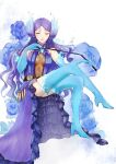  blue_fire breasts brighid_(xenoblade) center_opening closed_eyes collarbone curvy dress elbow_gloves fiery_hair fire gloves large_breasts long_hair purple_dress purple_hair simple_background smile thighhighs uyumizyunco very_long_hair xenoblade_chronicles_(series) xenoblade_chronicles_2 