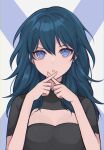  1girl absurdres bangs banned_artist black_shirt blue_eyes blue_hair breasts byleth_(fire_emblem) byleth_(fire_emblem)_(female) cleavage cleavage_cutout clothing_cutout commentary commentary_request fire_emblem fire_emblem:_three_houses grey_background hair_between_eyes hands_up highres long_hair looking_at_viewer parted_lips shimizu_akina shirt solo upper_body 