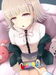  1girl :o bad_perspective bangs black_jacket black_shirt blunt_bangs blush breasts commentary_request couch danganronpa_(series) danganronpa_2:_goodbye_despair dress_shirt eyebrows_visible_through_hair flipped_hair from_above hair_ornament handheld_game_console highres holding holding_handheld_game_console hood igamushi4848 jacket looking_at_viewer nanami_chiaki nintendo_switch off_shoulder on_couch open_mouth out_of_frame pink_eyes playing_games pleated_skirt pointing ribbon shiny shiny_hair shirt sitting skirt solo_focus spaceship_hair_ornament sweat two-tone_shirt white_shirt 