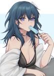  1girl absurdres bangs banned_artist bare_shoulders blue_eyes blue_hair breasts byleth_(fire_emblem) byleth_(fire_emblem)_(female) cleavage commentary fire_emblem fire_emblem:_three_houses food food_in_mouth hair_between_eyes hand_up highres holding holding_food long_hair looking_at_viewer medium_breasts off_shoulder popsicle shimizu_akina solo upper_body 