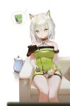  !? 1girl absurdres amiya_(arknights) animal_ear_fluff animal_ears arknights bare_legs bare_shoulders black_choker cameo character_doll chinese_commentary choker collar commentary_request couch dress eyebrows_visible_through_hair feet_out_of_frame flower full_body green_dress green_eyes highres holding_remote_control kal&#039;tsit_(arknights) kettle long_hair looking_at_viewer looking_to_the_side lynx_ears lynx_girl off-shoulder_dress off_shoulder on_couch oripathy_lesion_(arknights) parted_lips see-through_sleeves simple_background sitting solo spoken_food stethoscope thighs watch white_background white_hair wristwatch zombie_ke 