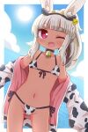  1girl ;d animal_ear_fluff animal_ears animal_print bangs bikini black_hairband blush breasts bunny_ears collarbone commentary_request cow_ears cow_horns cow_print dark-skinned_female dark_skin day eyebrows_visible_through_hair fake_animal_ears fake_horns front-tie_bikini front-tie_top groin hairband heart heart-shaped_pupils highres horns jacket long_hair long_sleeves looking_at_viewer masurao_(sekaiju) naga_u navel off_shoulder one_eye_closed open_clothes open_jacket open_mouth ponytail print_bikini print_jacket puffy_long_sleeves puffy_sleeves red_eyes sekaiju_no_meikyuu sekaiju_no_meikyuu_5 short_eyebrows side-tie_bikini sleeves_past_fingers sleeves_past_wrists small_breasts smile solo standing sun swimsuit symbol-shaped_pupils thick_eyebrows white_bikini white_hair 