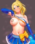  1girl a1 ayase_eli bangs bare_shoulders blonde_pubic_hair blue_eyes blue_gloves blue_skirt blush bow breasts cheerleader closed_mouth clothes_lift cowboy_shot crop_top crop_top_lift duct_tape egg_vibrator elbow_gloves eyebrows_visible_through_hair fingerless_gloves frilled_skirt frills gloves grey_background head_tilt holding holding_pom_poms large_breasts lifted_by_self looking_away looking_to_the_side love_live! love_live!_school_idol_project medium_hair midriff miniskirt navel one_breast_out orange_bow pom_pom_(cheerleading) ponytail sex_toy shirt_lift sidelocks skirt sleeveless solo standing steaming_body stomach strapless_shirt swept_bangs swimsuit underboob vibrator vibrator_on_nipple 