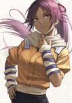  1girl bangs bleach breasts dark-skinned_female dark_skin fagi_(kakikaki) hair_ribbon hand_on_hip long_hair parted_bangs parted_lips ponytail purple_hair ribbon scarf shihouin_yoruichi short_sleeves simple_background solo upper_body yellow_eyes 