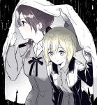  2girls black_background blanket blonde_hair blue_eyes brown_eyes brown_hair erica_hartmann gertrud_barkhorn jacket kodamari light_blush long_hair looking_at_another looking_to_the_side military military_uniform multiple_girls rain shared_blanket short_hair simple_background strike_witches twintails uniform wet world_witches_series yuri 