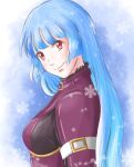  1girl bangs belt blue_hair bodysuit breasts eyebrows_visible_through_hair kula_diamond long_hair looking_at_viewer purple_eyes simple_background small_breasts smile snowflakes the_king_of_fighters upper_body zdenka_02 