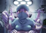  1girl blonde_hair blurry blurry_background blush bolt breast_press breasts commentary_request extra_arms eyeball franken_fran gloves highres large_breasts lens_flare madaraki_fran maittamkr mask mouth_mask operating_table orange_eyes pov rubber_gloves scalpel solo_focus stitches surgeon surgery surgical_mask surgical_scissors sweat white_gloves 