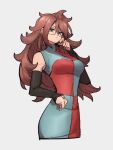  1girl android_21 blue_eyes breasts checkered checkered_dress dragon_ball dragon_ball_fighterz dress glasses grey_background hair_between_eyes jewelry kemachiku long_hair looking_at_viewer medium_breasts red_hair ring simple_background solo 