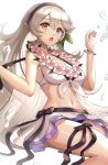  1girl absurdres bikini breasts corrin_(fire_emblem) corrin_(fire_emblem)_(female) fire_emblem fire_emblem_fates fire_emblem_heroes flower gonzarez hair_between_eyes hair_ornament hairband highres long_hair looking_at_viewer manakete pointy_ears red_eyes silver_hair simple_background smile solo swimsuit white_hair 