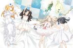  4girls black_hair blonde_hair bouquet bow checkered checkered_floor dress fate/kaleid_liner_prisma_illya fate_(series) flower hair_bow illyasviel_von_einzbern luviagelita_edelfelt lying magical_ruby magical_sapphire miyu_edelfelt multiple_girls official_art on_back on_floor on_stomach tohsaka_rin white_dress white_hair 