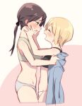  2girls blonde_hair brown_eyes brown_hair closed_eyes erica_hartmann gertrud_barkhorn hands_on_another&#039;s_face jacket kodamari light_blush long_hair looking_at_another multiple_girls navel open_mouth panties pink_background ponytail short_hair simple_background smile strike_witches tank_top underwear underwear_only white_background world_witches_series yuri 