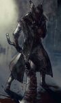  1boy blood bloodborne bonnet boots capelet cloak coat fune_(nkjrs12) gloves gun hat highres holding holding_weapon hunter_(bloodborne) male_focus mask mouth_mask saw_cleaver short_hair simple_background solo standing sword weapon 
