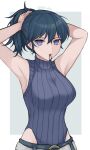  1girl absurdres alternate_hairstyle armpits arms_up artist_name bangs banned_artist bare_arms bare_shoulders blue_eyes blue_hair breasts byleth_(fire_emblem) byleth_(fire_emblem)_(female) commentary commentary_request fire_emblem fire_emblem:_three_houses hair_between_eyes highres large_breasts ponytail shimizu_akina sleeveless solo turtleneck twitter_username upper_body 