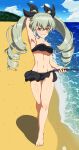  1girl absurdres ada_badguy anchovy_(girls_und_panzer) arm_behind_head armpits beach bikini bikini_skirt black_bikini blush breasts cleavage collarbone drill_hair eyebrows_visible_through_hair girls_und_panzer hair_ornament hair_ribbon highres long_hair looking_at_viewer navel ocean outdoors red_eyes ribbon riding_crop shiny shiny_hair shiny_skin small_breasts smile solo swimsuit twin_drills twintails 