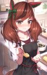  1girl absurdres animal_ears apron black_apron blush brown_eyes brown_hair chopsticks closed_mouth collarbone commentary_request eyebrows_visible_through_hair food highres holding holding_chopsticks horse_ears horse_girl horse_tail huge_filesize long_hair masaki_(msk064) multicolored_hair nice_nature_(umamusume) red_hair solo streaked_hair tail umamusume 