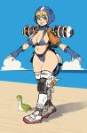  1girl apex_legends beach bikini blue_bikini blue_headwear breasts burn_scar fingerless_gloves gloves harness highleg highres knee_pads large_breasts loch_ness_monster midriff navel ocean scar scar_on_face swimsuit wattson_(apex_legends) white_footwear yuta_agc 