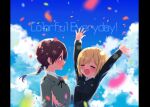  2girls arms_up blonde_hair brown_eyes brown_hair closed_eyes cloud confetti day english_text erica_hartmann gertrud_barkhorn imminent_hug jacket kodamari light_blush long_hair looking_at_another multiple_girls open_mouth outdoors short_hair sky smile strike_witches twintails upper_body world_witches_series yuri 