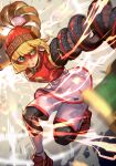  1girl arms_(game) bangs beanie blonde_hair blunt_bangs chinese_clothes domino_mask dragon dragon_(arms) facepaint food gloves green_eyes hat hungry_clicker knit_hat leggings legwear_under_shorts mask megawatt_(arms) min_min_(arms) noodles short_hair shorts simple_background solo super_smash_bros. 
