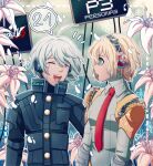  1boy 1girl :d ahoge android armor bangs blonde_hair blue_eyes blue_hairband cheer_(cheerkitty14) closed_eyes collared_shirt copyright_request danganronpa_(series) danganronpa_v3:_killing_harmony english_commentary flower gradient gradient_background grey_hair grey_shirt hair_between_eyes hairband highres keebo long_sleeves looking_at_another necktie number open_mouth power_armor red_neckwear shirt shoulder_armor smile speech_bubble spoken_number upper_body upper_teeth white_flower 