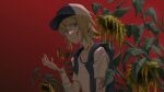  1girl backlighting backpack bag bandaged_arm bandages baseball_cap blonde_hair blood blood_on_arm blood_on_face bloody_hands blue_eyes collarbone commentary flower hair_ornament hairclip hand_up hat kagamine_rin looking_at_viewer parted_lips red_background shirt short_hair short_sleeves solo sunflower upper_body vocaloid white_shirt wide-eyed withered wounds404 yellow_flower 