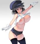  1girl absurdres bangs black_hair black_legwear blue_eyes blunt_bangs breasts eyebrows_visible_through_hair gloves hat highres huge_breasts long_hair looking_at_viewer masao navel nipples no_bra original outstretched_arms short_hair short_shorts shorts solo spread_arms tank_top thighhighs white_background white_gloves 
