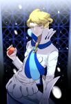  1boy absurdres apron ascot bangs blonde_hair blue_eyes blue_neckwear blurry closed_mouth commentary_request elite_four hand_up high_collar highres holding holding_poke_ball long_sleeves looking_at_viewer male_focus okuro_zmzm poke_ball poke_ball_(basic) pokemon pokemon_(game) pokemon_xy shirt short_hair siebold_(pokemon) solo swept_bangs white_shirt 