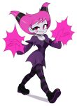  1girl bangs black_footwear blush breasts cleavage colored_skin grey_skin hands_up highres jinx_(dc) long_sleeves parted_lips purple_eyes purple_hair shadow shoes simple_background smile solo striped striped_legwear teen_titans walking white_background yuta_agc 