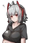  1girl ahoge arknights arm_under_breasts black_shirt breasts collarbone demon_horns grey_hair horns idashige_(walkietalkie) large_breasts official_alternate_costume red_eyes scar_on_arm shirt short_hair slit_pupils solo upper_body w_(arknights) w_(fugue)_(arknights) 