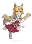  animal_ear_fluff animal_ears blonde_hair blush brown_jacket floating highres jacket looking_at_viewer red_ribbon red_skirt ribbon ribbon_trim sandals senko_(sewayaki_kitsune_no_senko-san) sewayaki_kitsune_no_senko-san shadow short_hair simple_background skirt smile white_background white_legwear yellow_eyes yuta_agc 