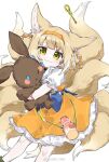  1girl alternate_costume animal_ears arknights baiwei_er_hao_ji bottle braid bubble_wand dress feet_out_of_frame fox_ears fox_girl fox_tail frilled_dress frills green_eyes hairband kitsune kyuubi looking_at_viewer multiple_tails object_hug orange_hairband pantyhose short_hair simple_background smile solo stuffed_animal stuffed_bunny stuffed_toy suzuran_(arknights) tail weibo_username white_background white_legwear yellow_dress 