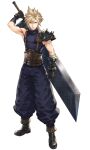  1boy armor armpits bandaged_arm bandages belt black_footwear blonde_hair brown_belt brown_gloves buster_sword clenched_hand closed_mouth cloud_strife eyebrows_visible_through_hair final_fantasy final_fantasy_vii full_body gloves green_eyes grey_background hair_between_eyes highres holding holding_sword holding_weapon huge_weapon looking_at_viewer makimura_shunsuke male_focus over_shoulder pauldrons puffy_pants scratches screw shoulder_armor simple_background single_pauldron solo spiked_hair standing sword sword_over_shoulder turtleneck weapon weapon_over_shoulder zipper zipper_pull_tab 
