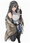  1girl arm_warmers bangs bare_shoulders black_hair blue_eyes breasts bullet commission expressionless girls&#039;_frontline gloves hair_flaps highres large_breasts long_hair pantyhose skeb_commission solo super_sass super_sass_(girls&#039;_frontline) sutekina_awa very_long_hair 