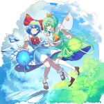  2girls 38_(sanjuuhachi) ascot bangs black_footwear blue_eyes blue_hair blue_shirt blue_skirt blue_sky bob_cut bobby_socks border bow bowtie cirno closed_mouth cloud cloudy_sky collared_shirt commentary daiyousei day fairy fairy_wings floating frilled_legwear green_eyes green_hair green_shirt green_skirt hair_bow hair_ribbon head_tilt highres holding_hands ice ice_wings interlocked_fingers kneehighs loafers looking_at_viewer medium_skirt multiple_girls one_side_up outdoors puffy_short_sleeves puffy_sleeves red_border red_neckwear ribbon shirt shoes short_hair short_sleeves single_horizontal_stripe skirt skirt_set sky smile socks touhou white_legwear wind wings yellow_neckwear yellow_ribbon 