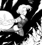  1girl android_18 breasts cloud dated dragon_ball dragon_ball_z flying greyscale looking_at_viewer monochrome open_mouth pantyhose shirt short_hair signature skirt solo striped tsukudani_(coke-buta) 