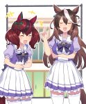  2girls animal_ears blurry blurry_background blush closed_eyes hair_between_eyes hair_ornament hands_on_stomach highres horse_ears horse_girl horse_tail laughing long_hair medium_hair multicolored_hair multiple_girls nice_nature_(umamusume) open_mouth red_hair school_uniform symboli_rudolf_(umamusume) tail tears thighhighs tomoyohi umamusume 