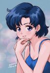  1girl 2021 absurdres bangs bare_shoulders bishoujo_senshi_sailor_moon blue_eyes blue_hair blue_nails dated earrings hand_to_own_mouth highres jewelry light_smile looking_at_viewer mizuno_ami nail_polish parted_bangs parted_lips short_hair signature simple_background solo stud_earrings tsunemoku upper_body 