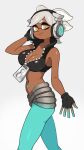  +_+ 1girl arm_up black_gloves breasts brown_eyes cleavage cosplay dark-skinned_female dark_skin fingerless_gloves gloves gradient gradient_background grey_hair headphones highres large_breasts marie_(splatoon) marina_(splatoon) marina_(splatoon)_(cosplay) mole mole_under_eye navel short_hair smile solo splatoon_(series) splatoon_2 white_background yuta_agc zipper zipper_pull_tab 