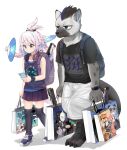  1boy 1girl absurdres antenna_hair arknights backpack bag black_bag black_hair black_legwear black_shirt blue_hair caibao_return cameo cellphone chinese_commentary collarbone commentary digitigrade doctor_(arknights) fan feater_(arknights) full_body furry grey_eyes grey_fur headphones headphones_around_neck highres holding holding_bag holding_fan holding_phone hyena_boy hyena_ears hyena_tail jackie_(arknights) kafka_(arknights) kirara_(arknights) mohawk multicolored_hair phone pink_hair pointy_ears purple_bag purple_footwear purple_shirt purple_skirt shirt shoes shopping_bag short_hair shorts silverash_(arknights) simple_background skirt smartphone snout spot_(arknights) sweatdrop tentacle_hold tentacles thighhighs waai_fu_(arknights) walking watch white_background white_shorts wristwatch 