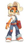  1girl animal_ears animal_nose belt blue_overalls body_fur bracelet breasts coco_bandicoot crash_bandicoot_(series) earrings furry goggles goggles_on_head green_eyes heart highres jewelry looking_at_viewer medium_breasts orange_fur pink_footwear red_belt shadow shirt shoes short_sleeves simple_background solo two-tone_fur white_background white_shirt yuta_agc 