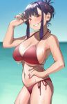  1girl bangs bikini blue_sky blunt_bangs breasts brown_eyes clenched_teeth commentary_request day eyebrows_visible_through_hair fingernails hand_on_hip igarashi_kyouhei large_breasts looking_at_viewer nail_polish ocean original outdoors purple_hair red_bikini red_nails short_hair side-tie_bikini sky smile solo swimsuit teeth wet 