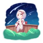  1girl :o bangs bow bush chihong_de_tianshi commentary_request copyright_request eyebrows_visible_through_hair falling_star fence hair_bow hand_up highres japanese_clothes kimono long_sleeves looking_away miko night night_sky outdoors parted_lips red_bow red_eyes ribbon-trimmed_sleeves ribbon_trim short_sleeves sky sleeves_past_wrists solo star_(sky) starry_sky upper_body virtual_youtuber white_hair white_kimono wide_sleeves wooden_fence 